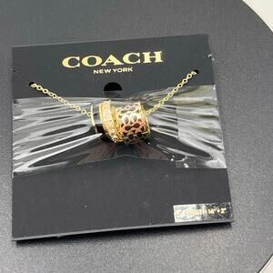 Coach Signature Black Enamel‎ Crystal Rondell Charm Gold Tone Necklace New C1905
